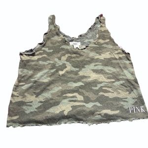 VS PINK Green Camo Lettuce Hem Sleep Tank